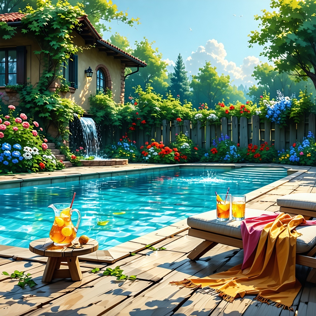 A serene backyard pool scene captures the essence of a summer day The pools surface shimmers under the bright sun reflecting the clear blue sky overhead Lush green landscaping surrounds the area with vibrant flowers blooming along the edge of the dec