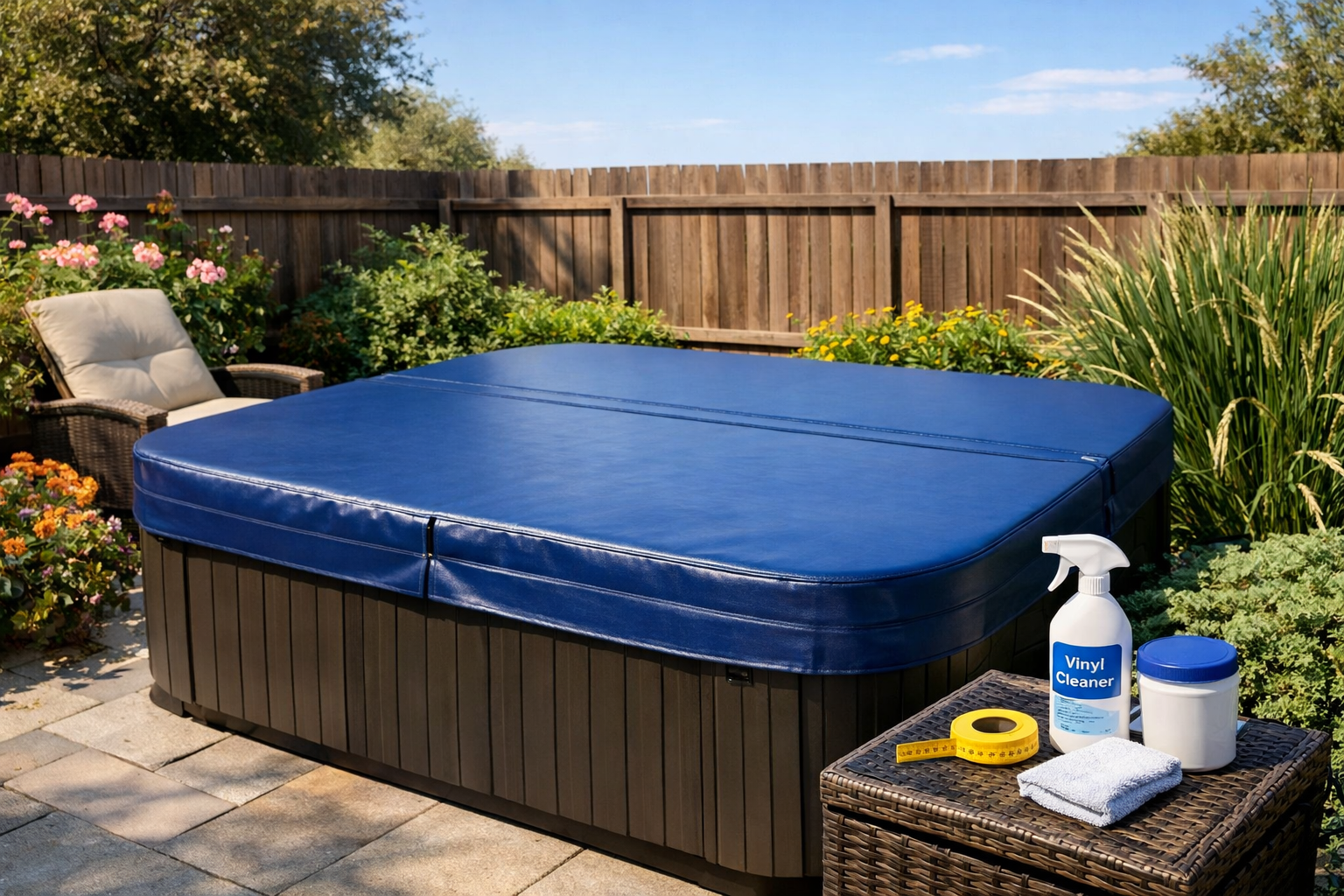 Luxurious Hot Tub Covered in Deep Blue Vinyl