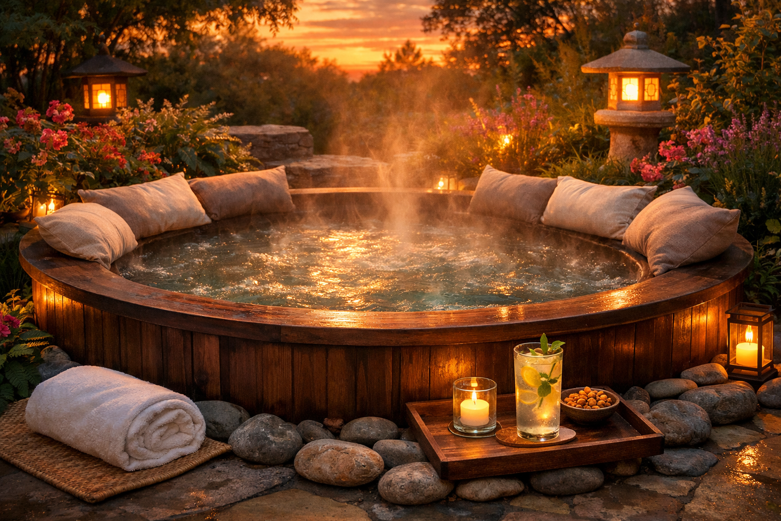 Luxurious Hot Tub in Serene Garden Oasis at Sunset-1