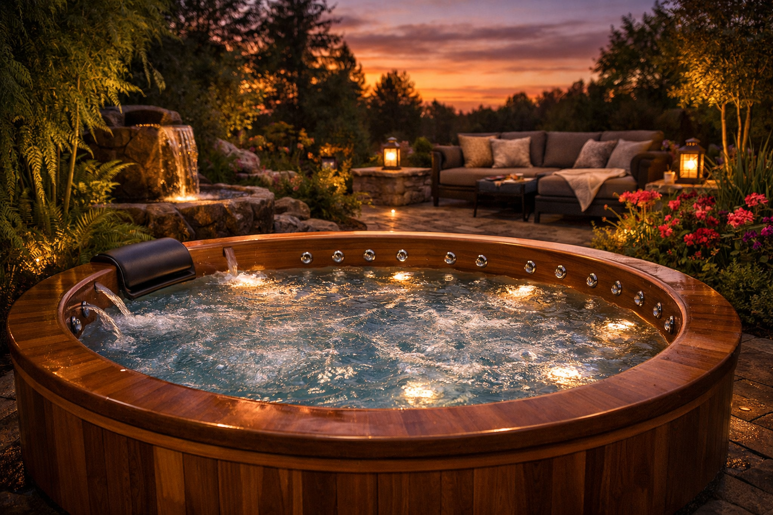 Luxury Outdoor Hot Tub in Serene Garden at Sunset