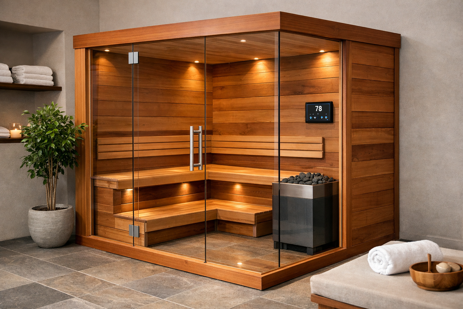 Modern Sauna with Cedar Wood and Glass Panels-1