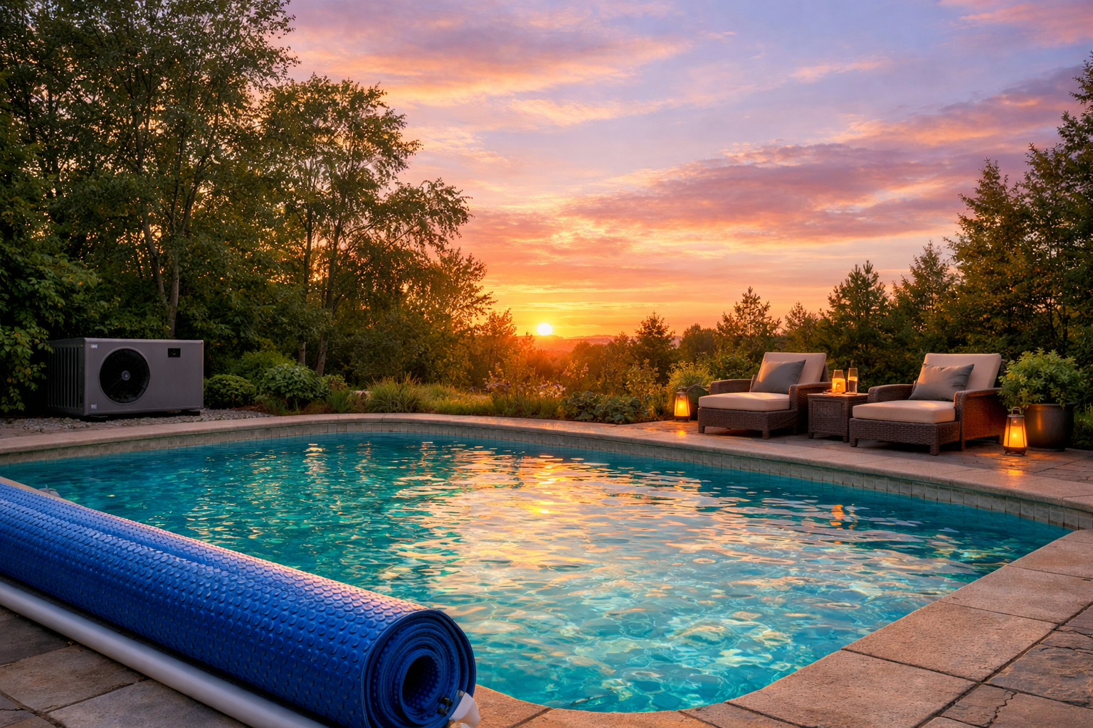 Serene Pool Amidst Lush Greenery at Dusk