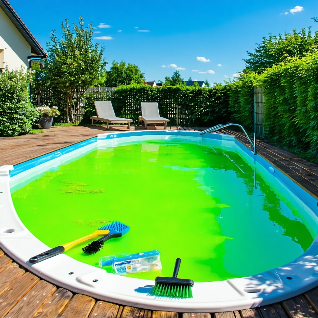 The image depicts a backyard swimming pool under a bright blue sky with the pool water prominently displaying a murky green hue indicative of algae growth Surrounding the pool are lush green plants and a wooden deck where a few cleaning tools are sca
