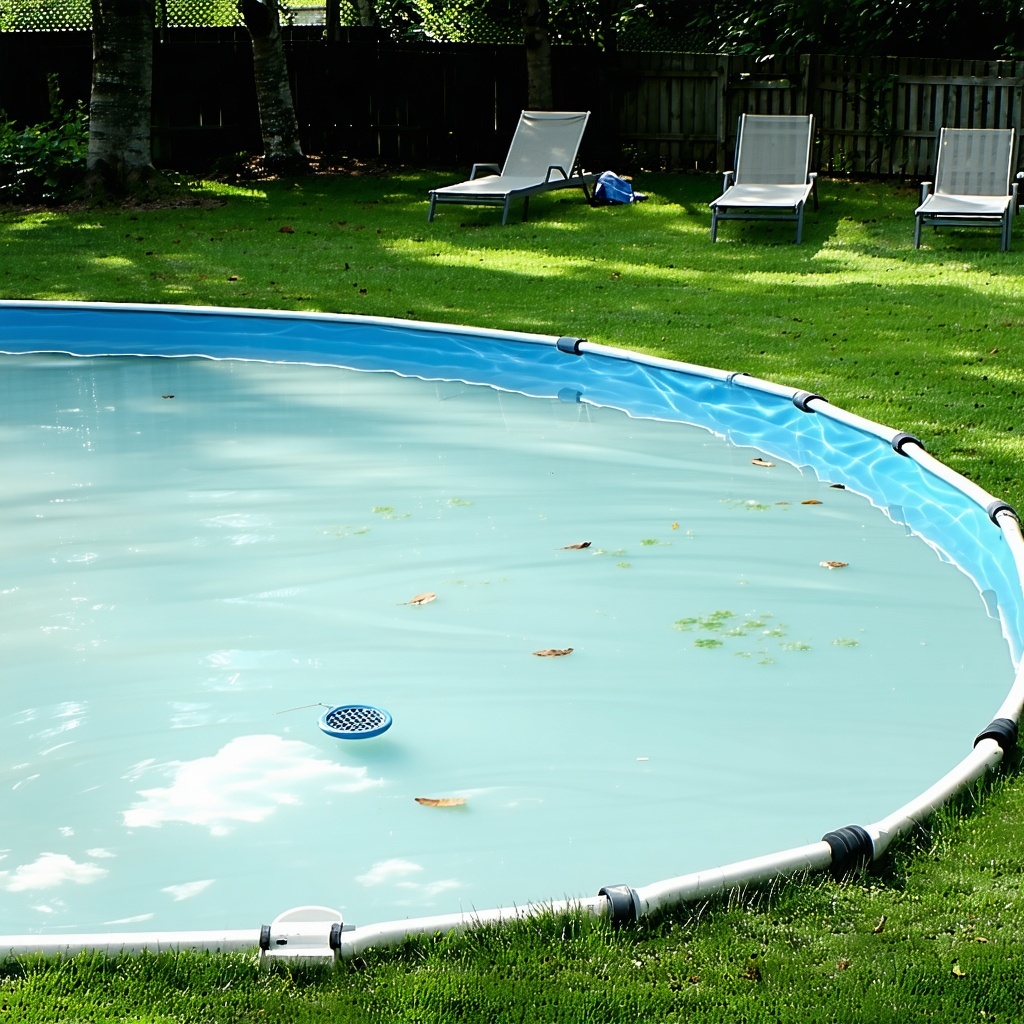 The image depicts a residential backyard swimming pool its water appearing cloudy and uninviting The pool is surrounded by lush green grass and a few scattered lounge chairs suggesting a warm sunny day Sunlight filters through the trees nearby castin-1