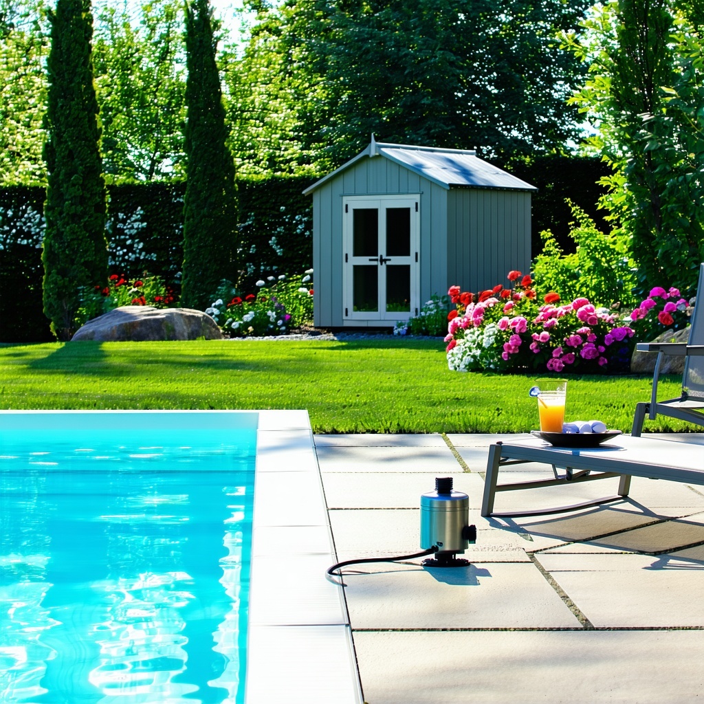 The image depicts a serene backyard pool area on a sunny day The crystalclear water of the pool gleams under the sunlight reflecting shades of blue and turquoise Surrounding the pool are wellmanicured lawns dotted with colorful flower beds adding vib