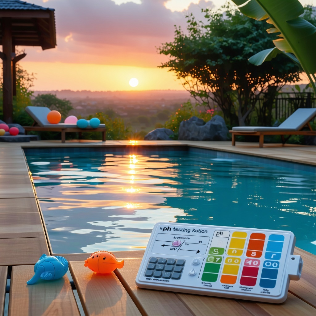 The image depicts a serene backyard pool setting under a twilight sky with the sun setting on the horizon casting a soft orange glow The pool water shimmers reflecting the colors of the sky while a few floating pool toys add a playful touch Nearby a-1