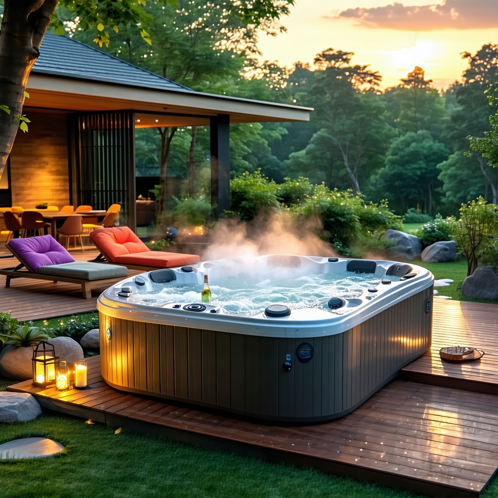 The image depicts a serene backyard scene featuring a modern hot tub surrounded by lush greenery The hot tub with its bubbling water and glowing LED lights sits on a wooden deck inviting relaxation Nearby colorful cushions are arranged on lounge chai