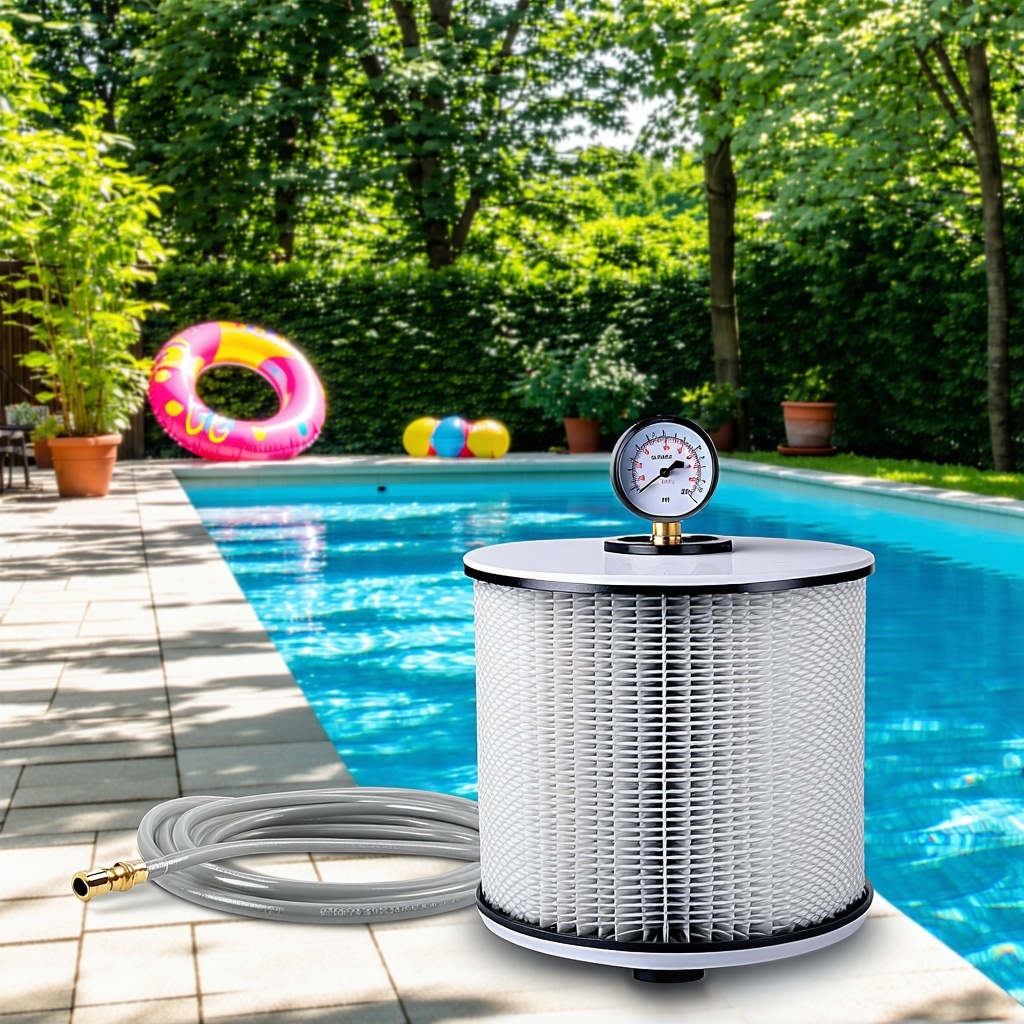 The image depicts a serene backyard scene featuring a sparkling blue swimming pool surrounded by lush greenery In the foreground a modern cartridge filter is prominently displayed with its pleated fabric visible illustrating its design Nearby a garde-1
