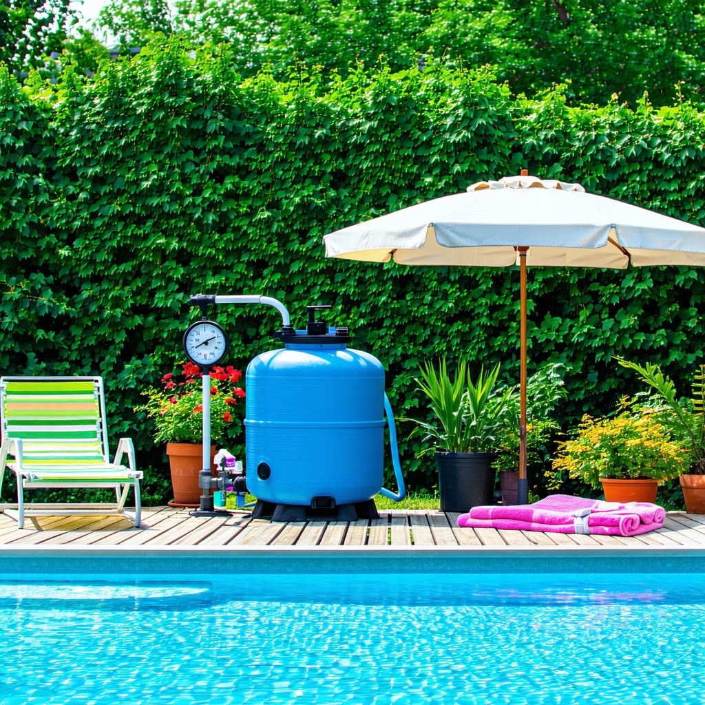 The image depicts a serene backyard scene featuring a sparkling blue swimming pool surrounded by lush greenery The pool is framed by neatly arranged potted plants and a few lounge chairs inviting relaxation A sand filter adjacent to the pool is scatt