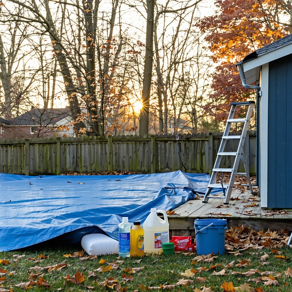 The image depicts a serene backyard scene in late autumn with a swimming pool partially covered by a protective tarp The air is crisp and fallen leaves in shades of orange and brown are scattered around the pool area A sturdy ladder leans against the