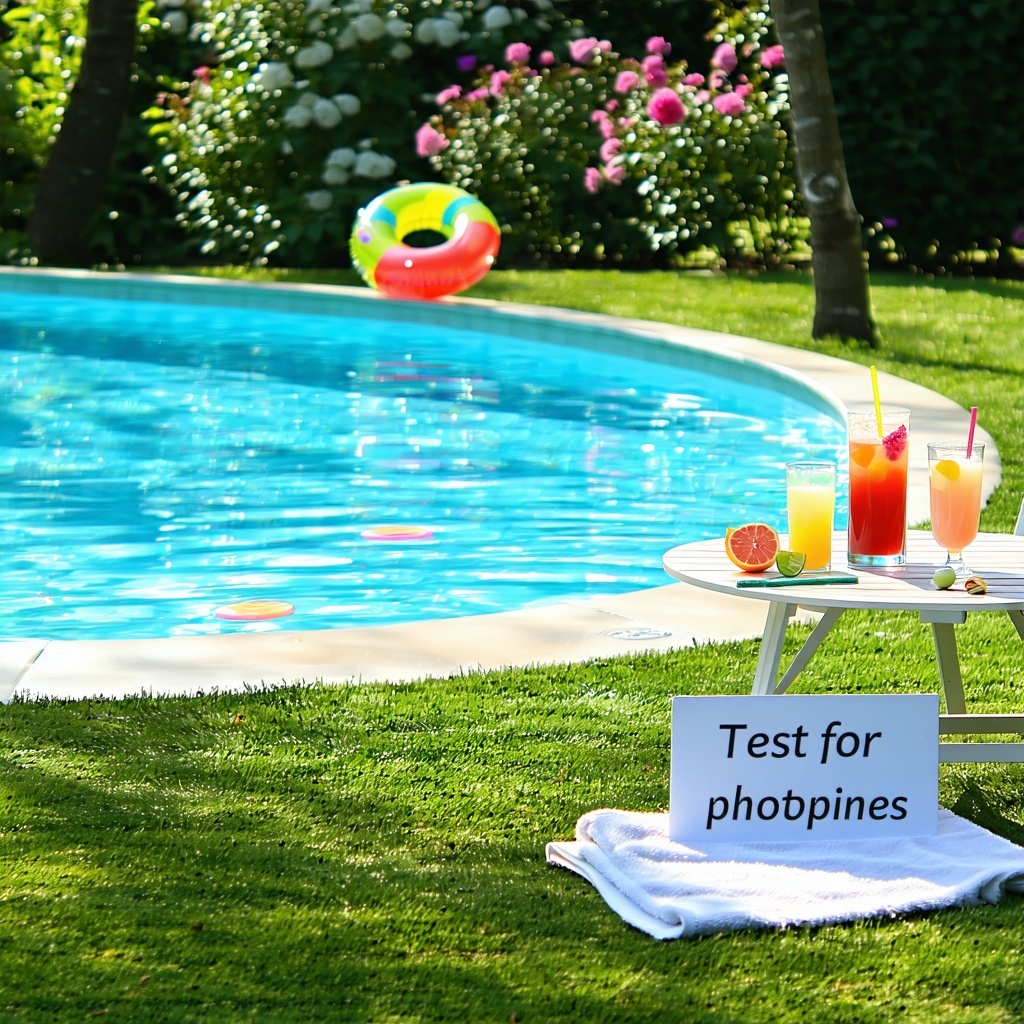 The image depicts a serene backyard swimming pool glistening under the warm glow of a late afternoon sun The water appears crystal clear bordered by neatly manicured grass and vibrant flowers A few colorful pool toys float lazily on the surface Nearb