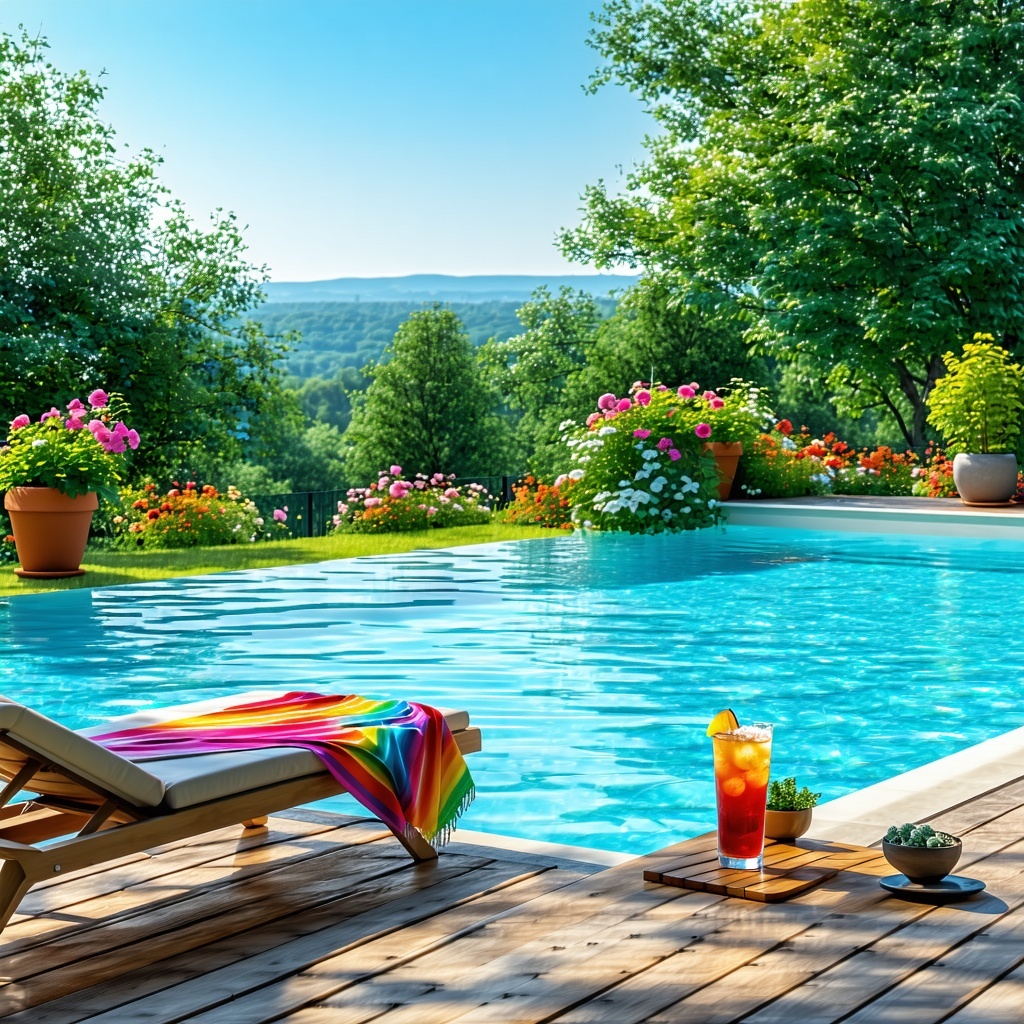 The image depicts a serene backyard swimming pool surrounded by lush greenery and vibrant flowers The water is crystal clear reflecting the bright blue sky above A poolside lounge chair adorned with a colorful towel sits invitingly near the edge In t