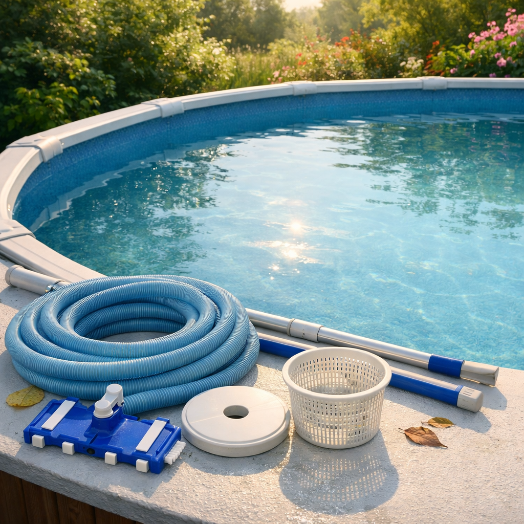 Tranquil Pool Reflecting Blue Sky with Greenery and Cleaning Gear-1