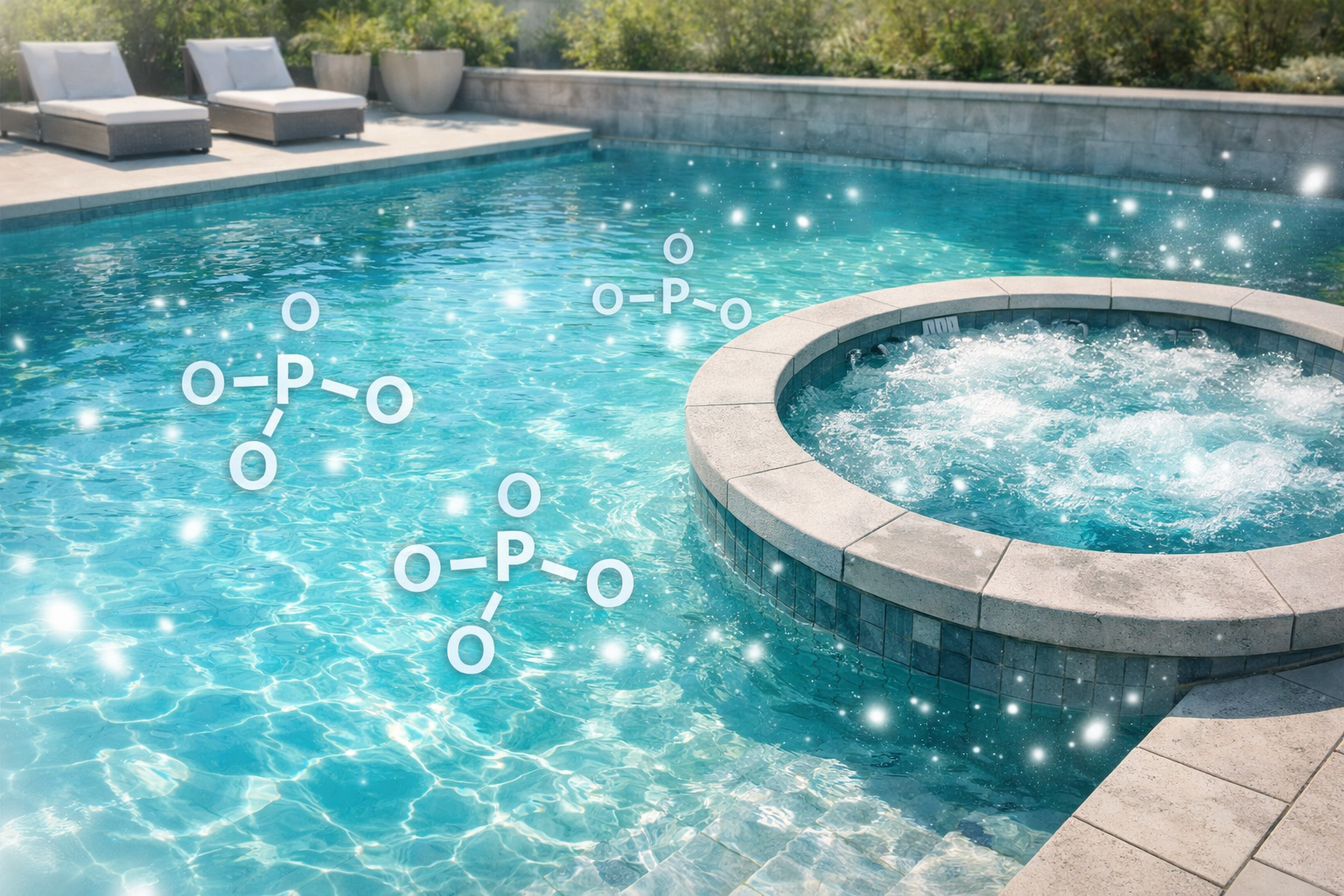 photographic A clean modern outdoor scene showing a crystalclear pool and a hot tub sidebyside with sunlight reflecting off the water Subtle semitrans
