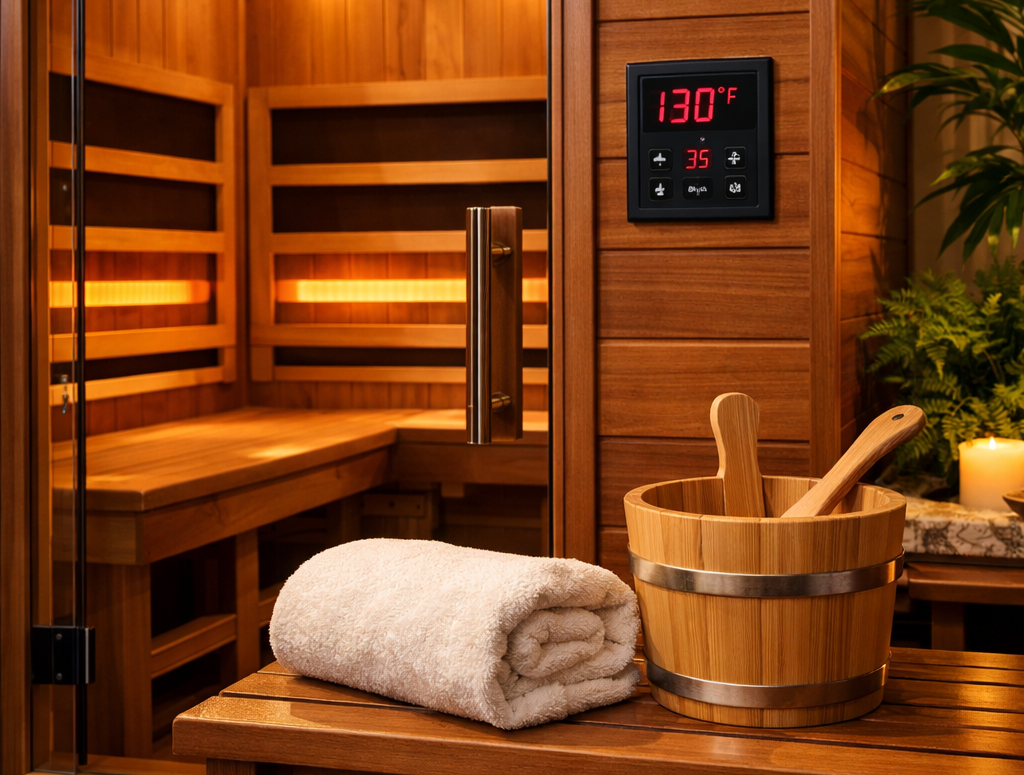 photographic The image depicts a serene home sauna environment featuring a sleek farinfrared sauna made of warm polished wood Soft ambient lighting il-1-1