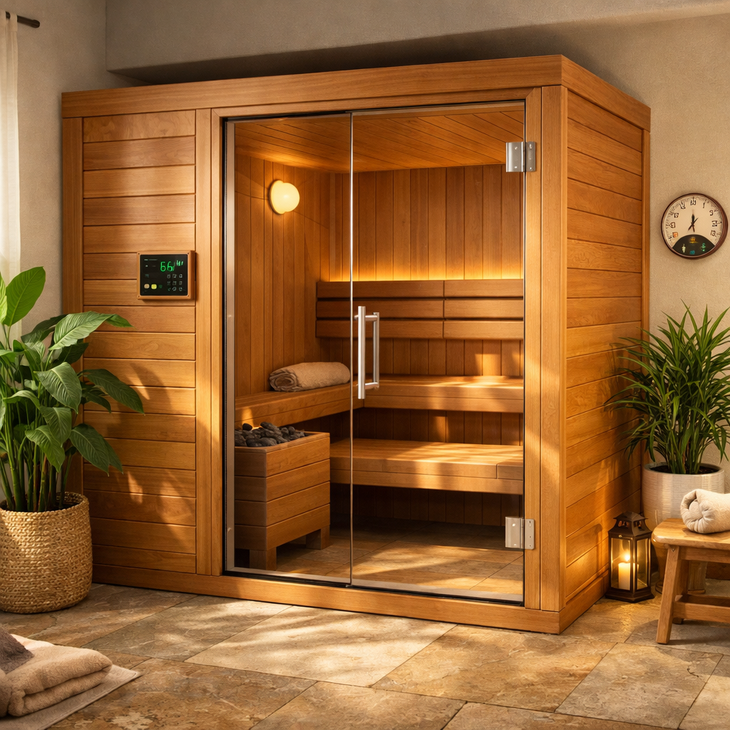 photographic The image depicts a serene indoor sauna nestled in a cozy welllit space The sauna constructed from warm honeytoned wood features smooth i-1