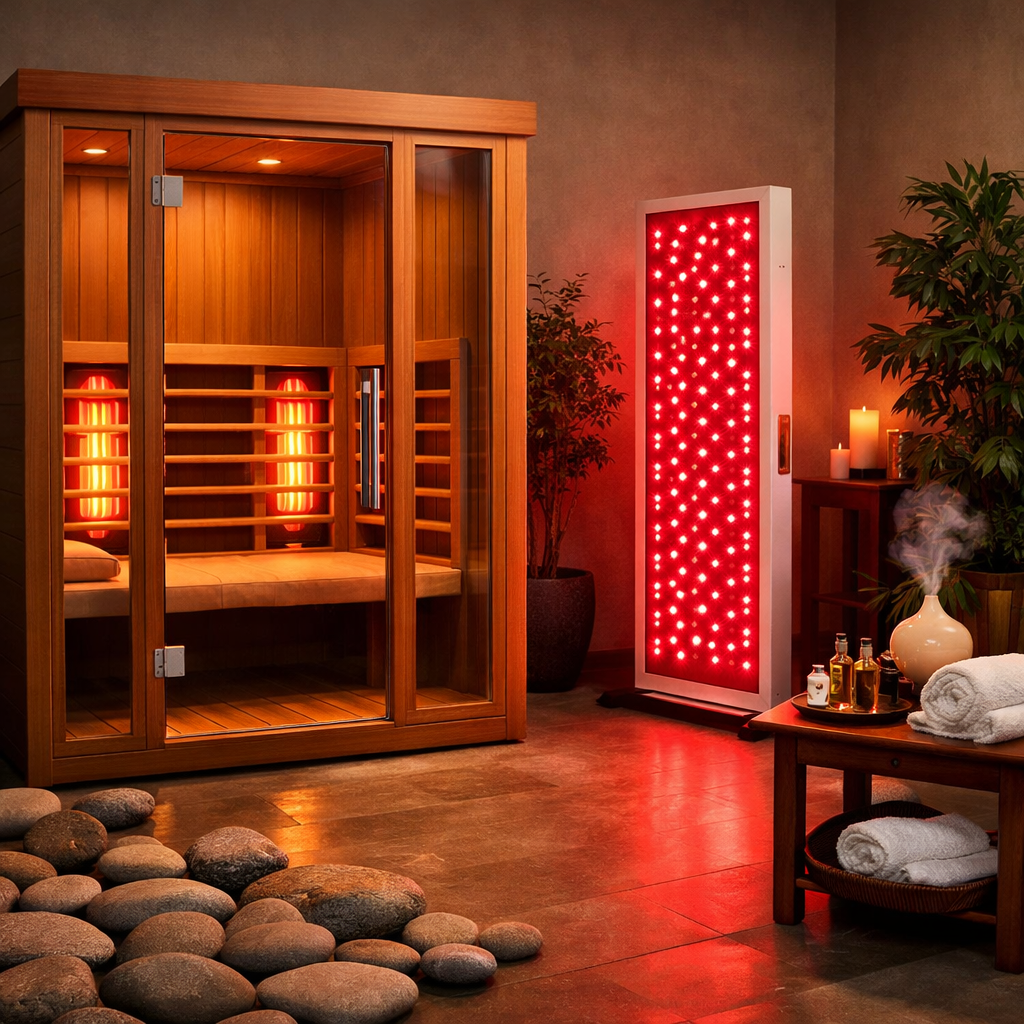 photographic The image depicts a serene wellness space featuring two distinct therapy setups an infrared sauna and a red light therapy device The infr-1