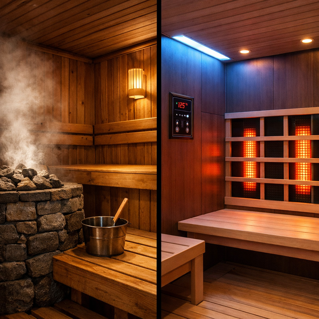 photographic The image depicts two distinct sauna setups side by side illustrating the differences between a traditional Finnish sauna and an infrared