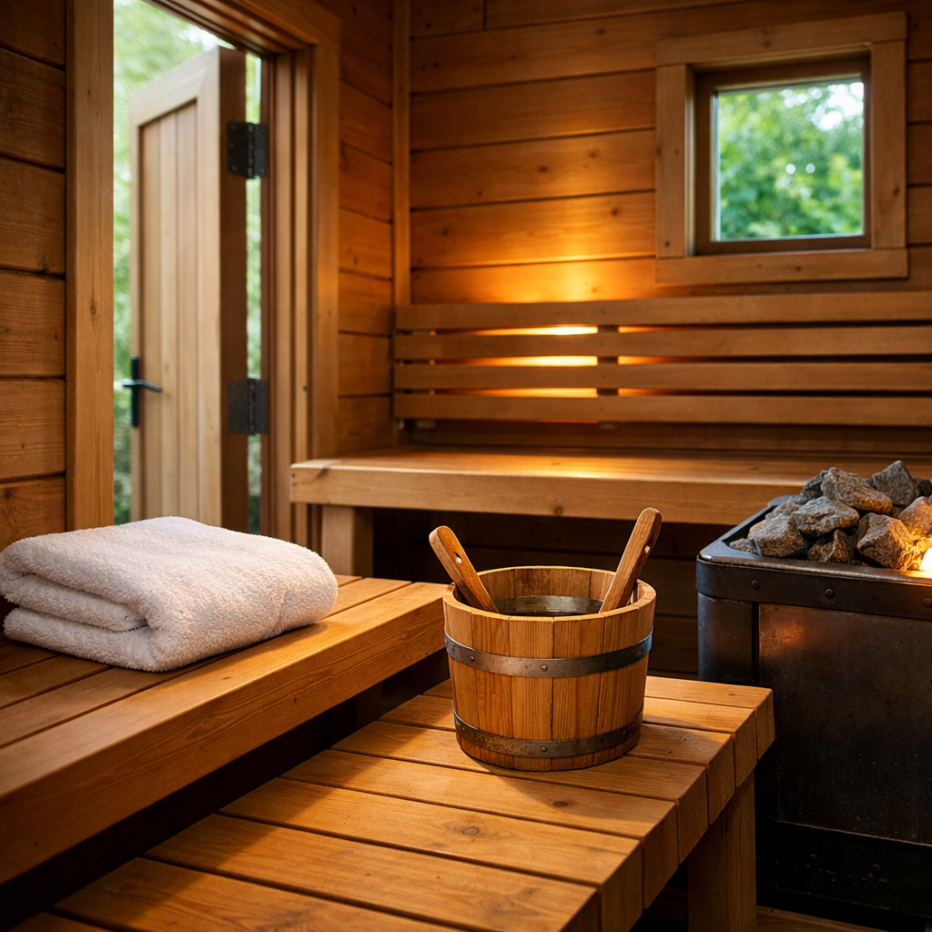 photographic The image displays a serene sauna interior featuring warm wooden benches crafted from premium softwoods with gentle lighting enhancing th-1