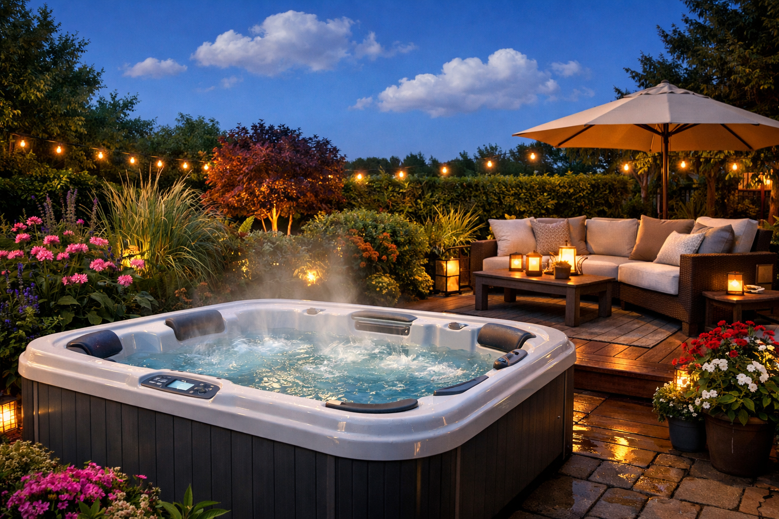 photographic The image features a serene backyard setting with a luxurious hot tub nestled in a wellmaintained garden The hot tub elegantly designed i